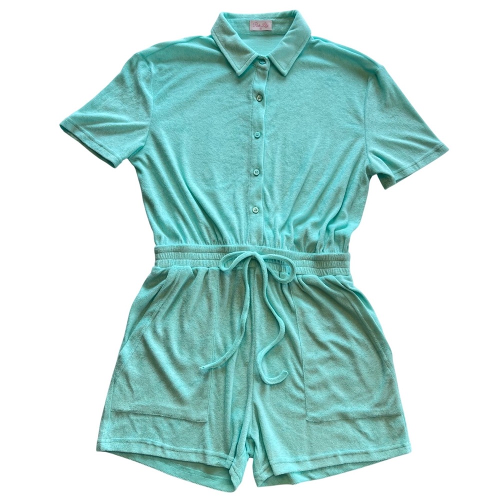 Pink Lily Mint Green Terry Cloth Button Front Romper Swim Coverup Size M - Picture 1 of 7